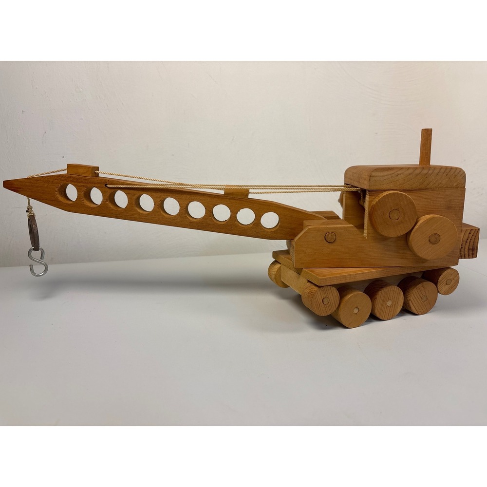 Vintage Handcrafted Wooden Crane Toy Moving Boom Winch Hook Natural Wood Decor